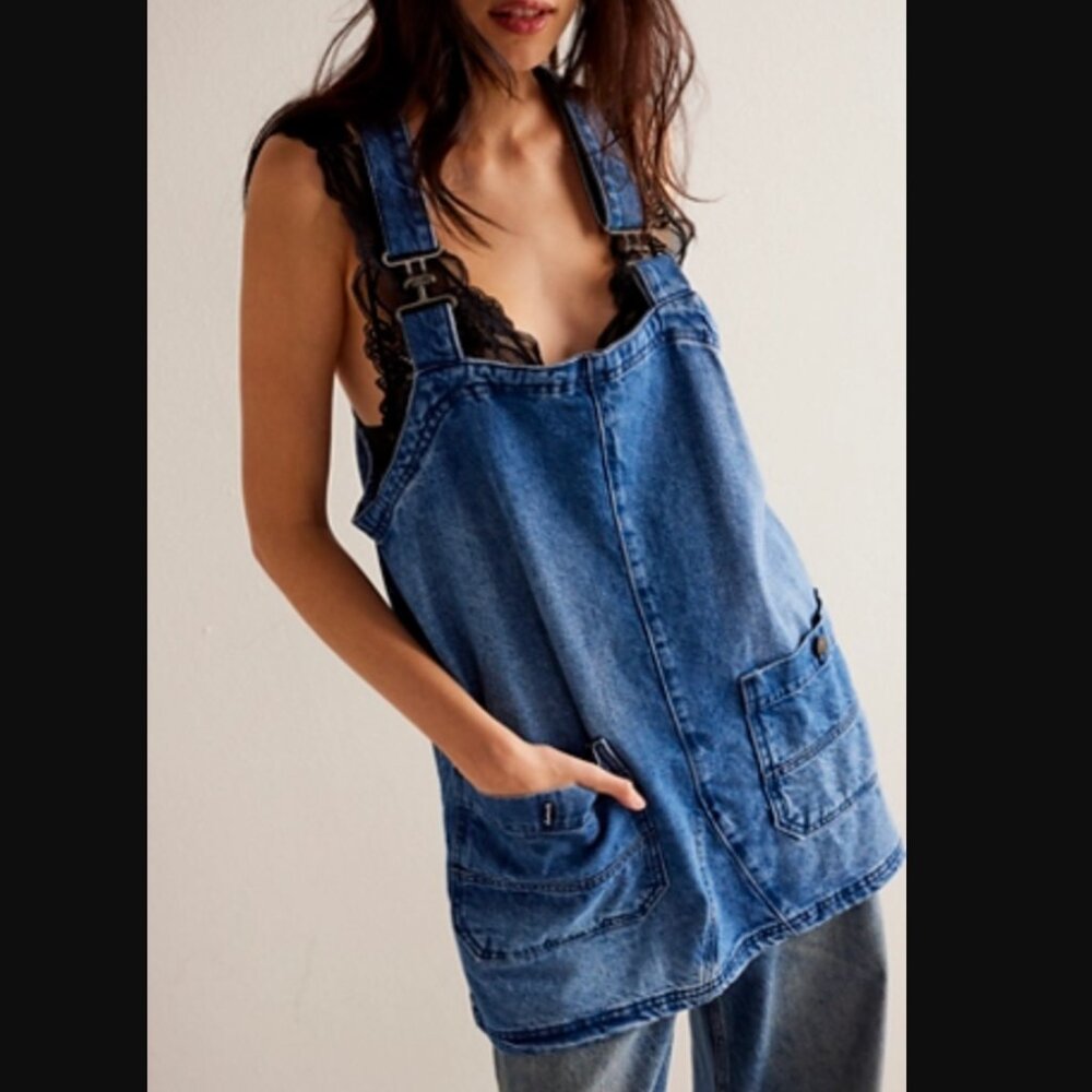 We the Free People Overall Smock Mini Top Sapphire Wash Denim Blue Jean Dress